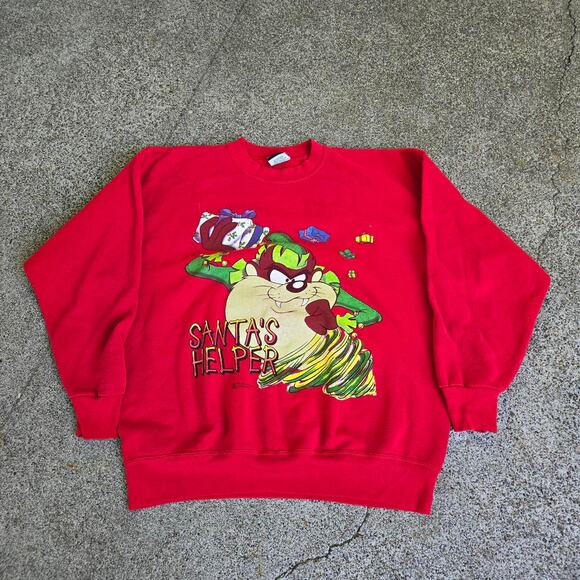 Vtg 90s LOONEY TUNES Taz Santa's Helper Graphic Cartoon Crewneck Sweatshirt XL - Picture 1 of 6
